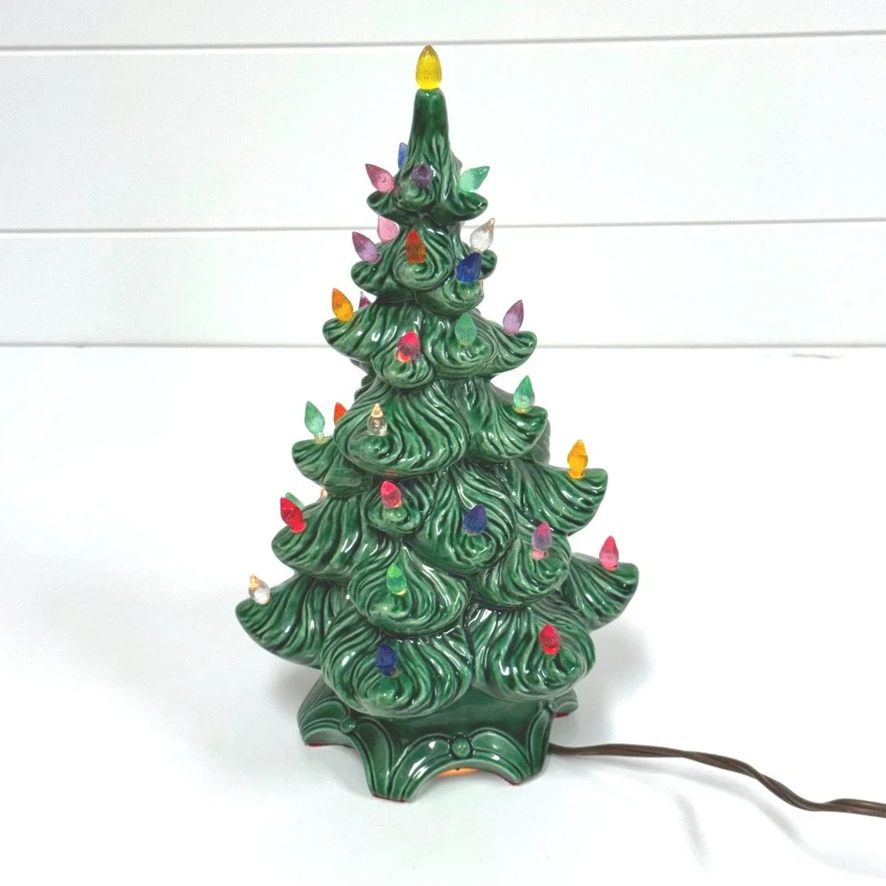 Vintage Atlantic Mold Ceramic Christmas Tree Green Lighted Tabletop Decor 11 in